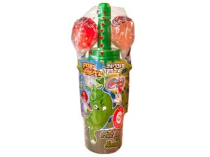 צמד סוכריות על מקל עם בקבוקון רוטב חמוץ בטעם אבטיח