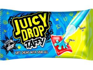 סוכריות טופי תות עם עט ג'ל פטל חמוץ - (כחול צהוב) JUICY DROP TAFFY